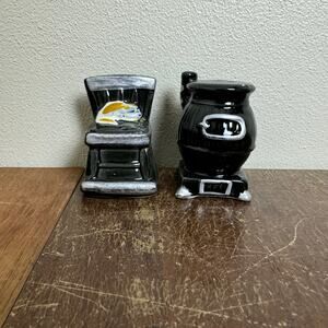 Enesco Japan Black Porcelain Wood Burning Stove & Rocking Chair + Cat Shaker Set